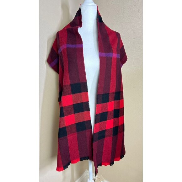 Burberry Wool Cashmere Giant Exploded Nova Check Lash Fringe Scarf Claret - Picture 7 of 8